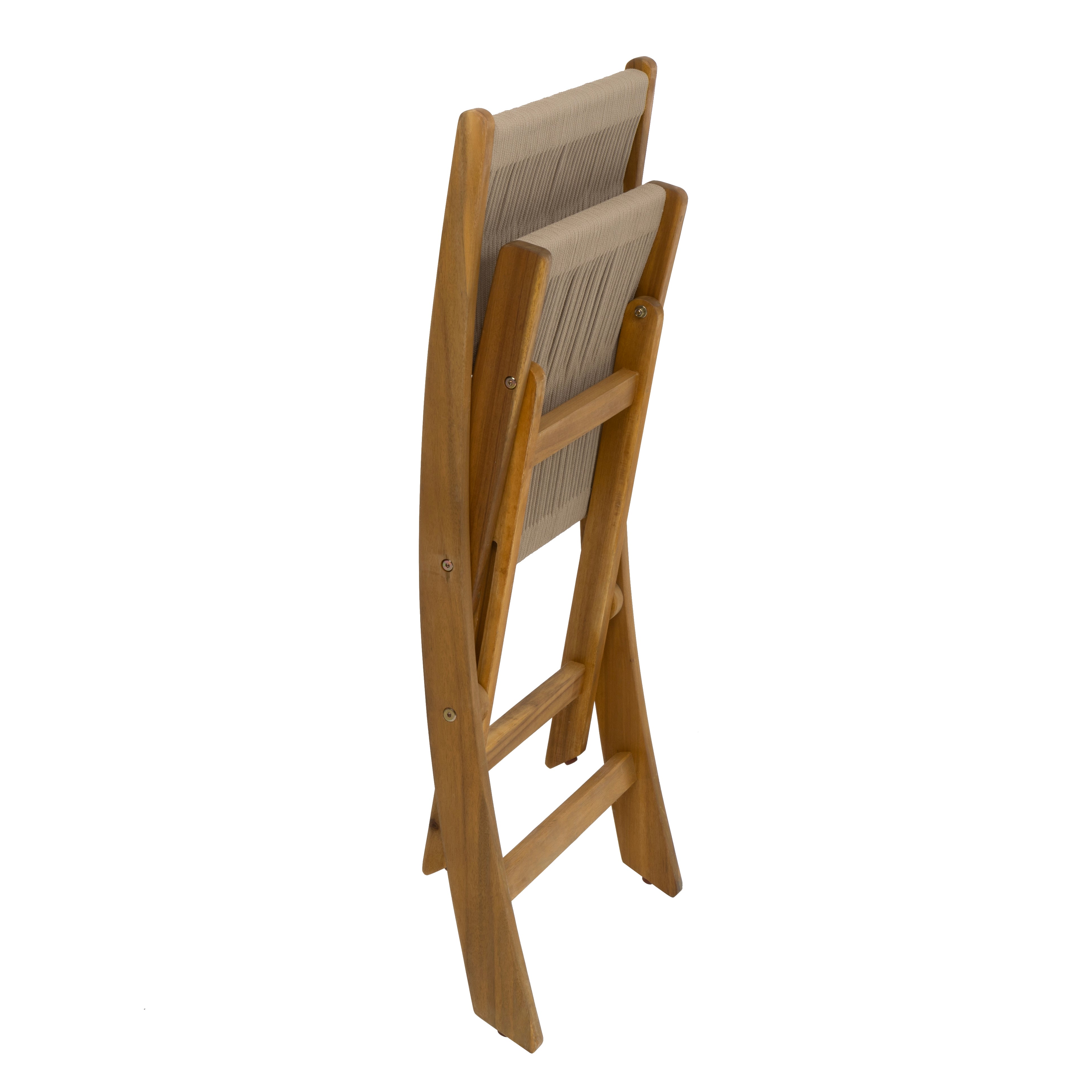 VESTIAMO CASA GIARDINO - Set giardino tavolo pieghevole 60x55 cm e 2 sedie pieghevoli in legno con seduta in corda di poliestere intrecciata